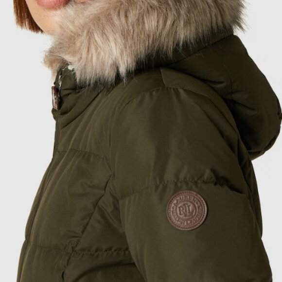 NWT Ralph Lauren women's Faux-Fur-Trim Hooded Down Puffer Coat - Olive Size PL - Picture 3 of 14